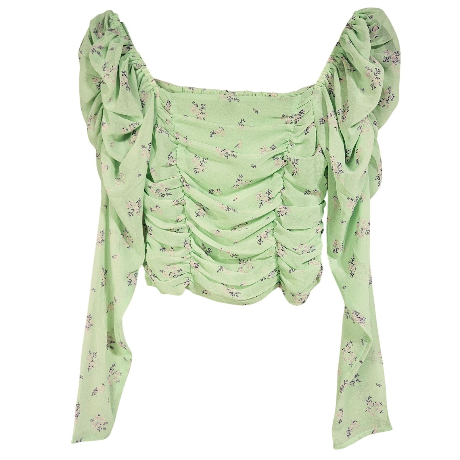 Green Floral Ruched Smocked Long Sleeve Crop Top Small Cottagecore Romantic Boho